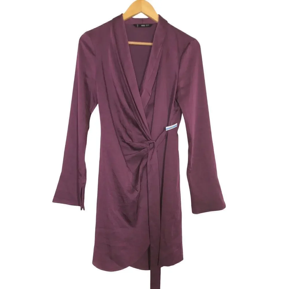 Mango Florence Dress Satin Long Sleeve Buckled Wrap Mini Purple NWT 4
